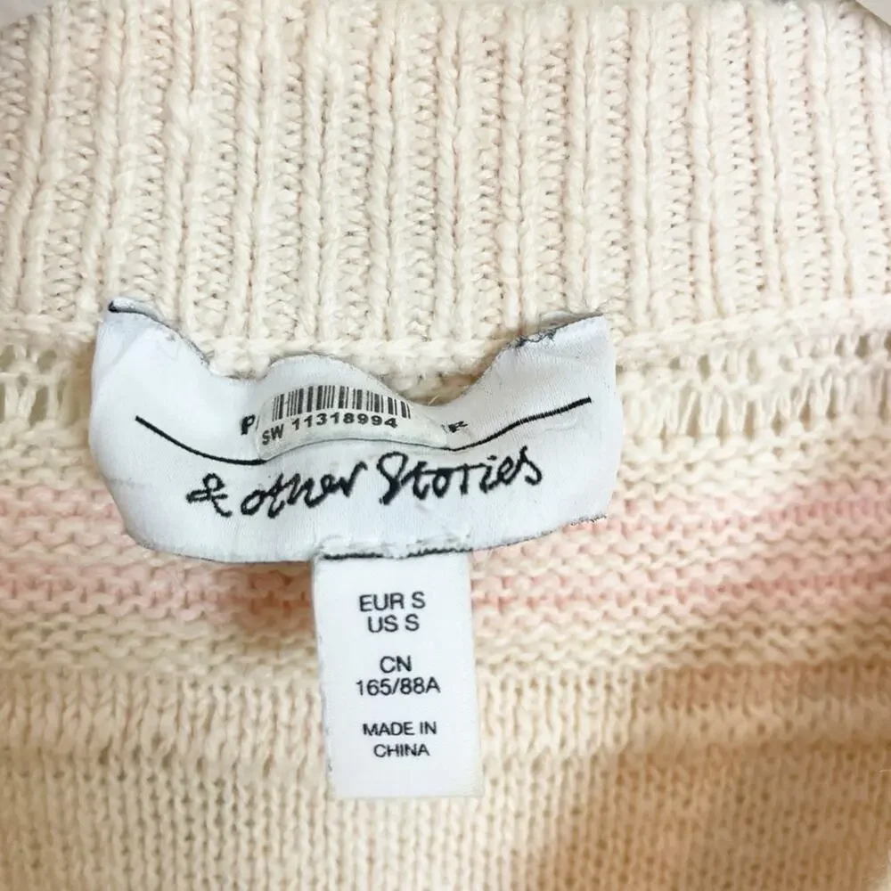 & Other Stories Striped Fringe Trim Sweater Blush Pink Cream Cotton Blend Sz S